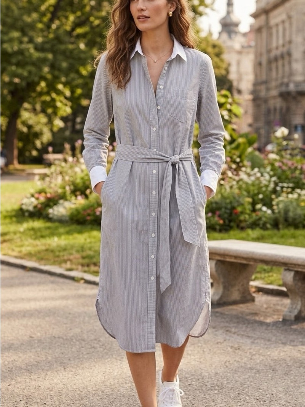 I Crew Classic Striped Shirt Dress with Tie Waist - Navy